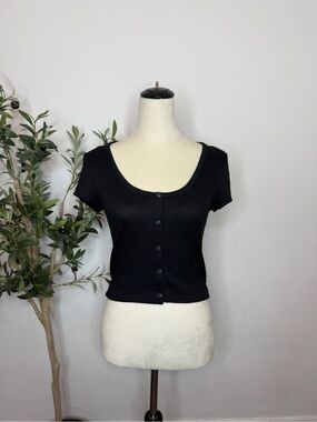 rag & bone Black Ribbed Scoop-Button Crop Top